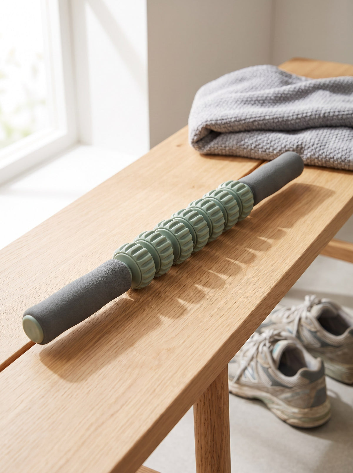 Contour Muscle Roller Stick lying on a light wooden bench