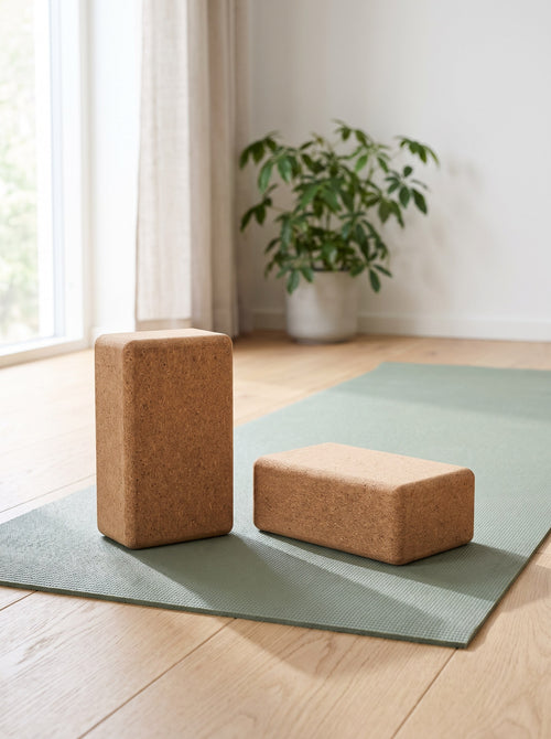 Pair of natural cork yoga blocks on a sage yoga mat