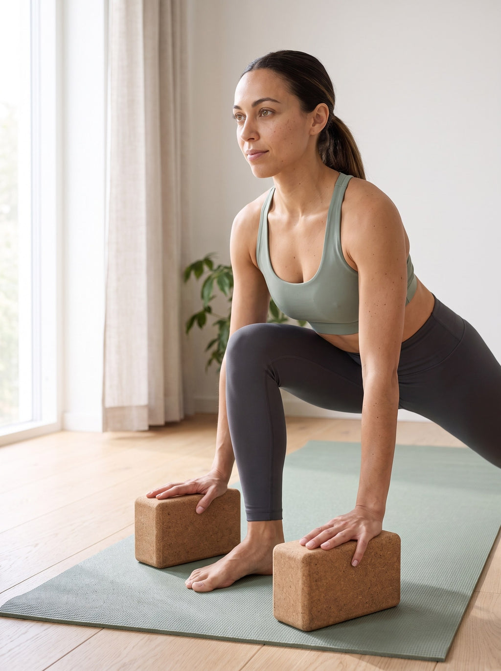 Low lunge with both hands resting on the cork yoga blocks