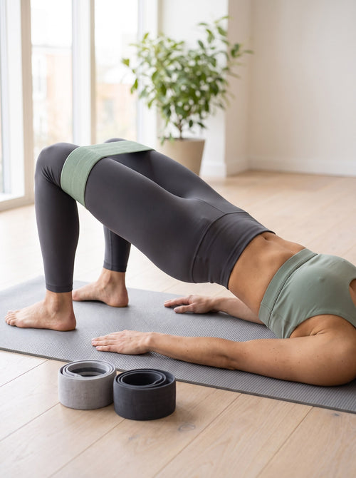 Sage fabric hip band worn above the knees during a glute bridge