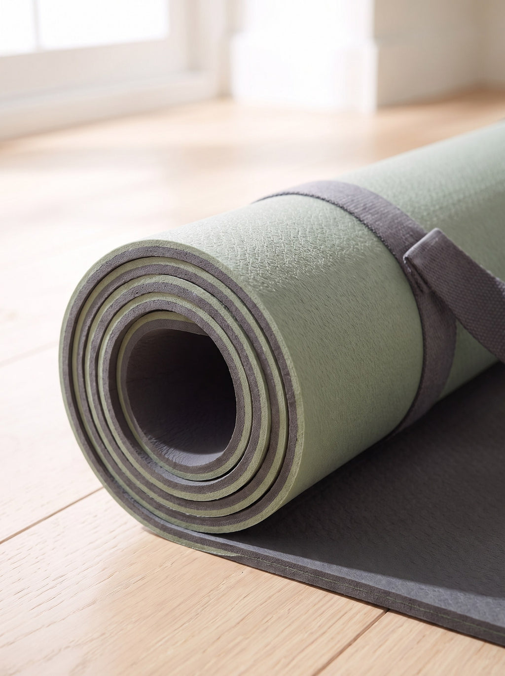 Rolled edge of the Grip yoga mat showing the sage and graphite layers
