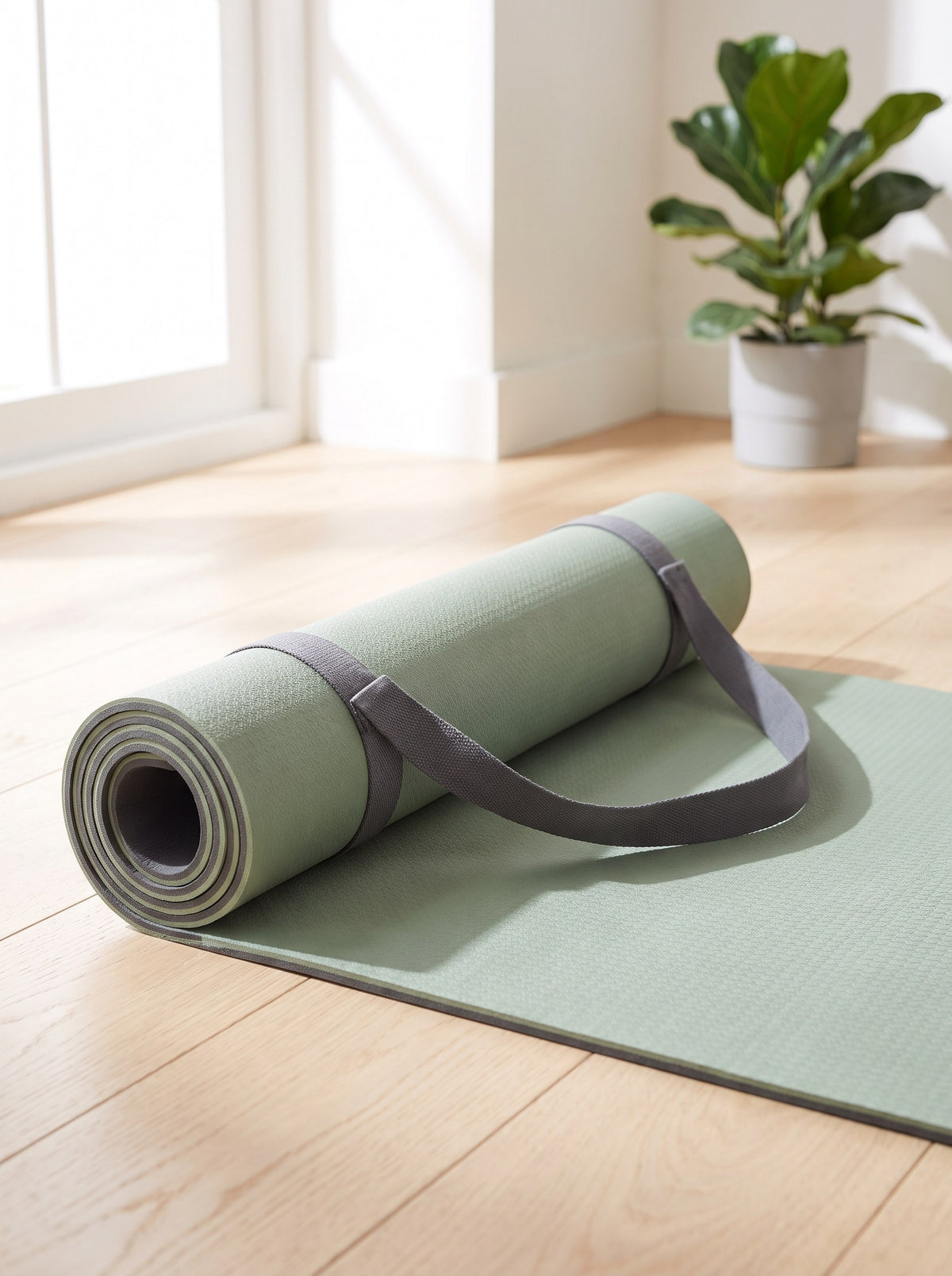 Sage Grip 6 mm TPE Yoga Mat half unrolled with its graphite carry strap