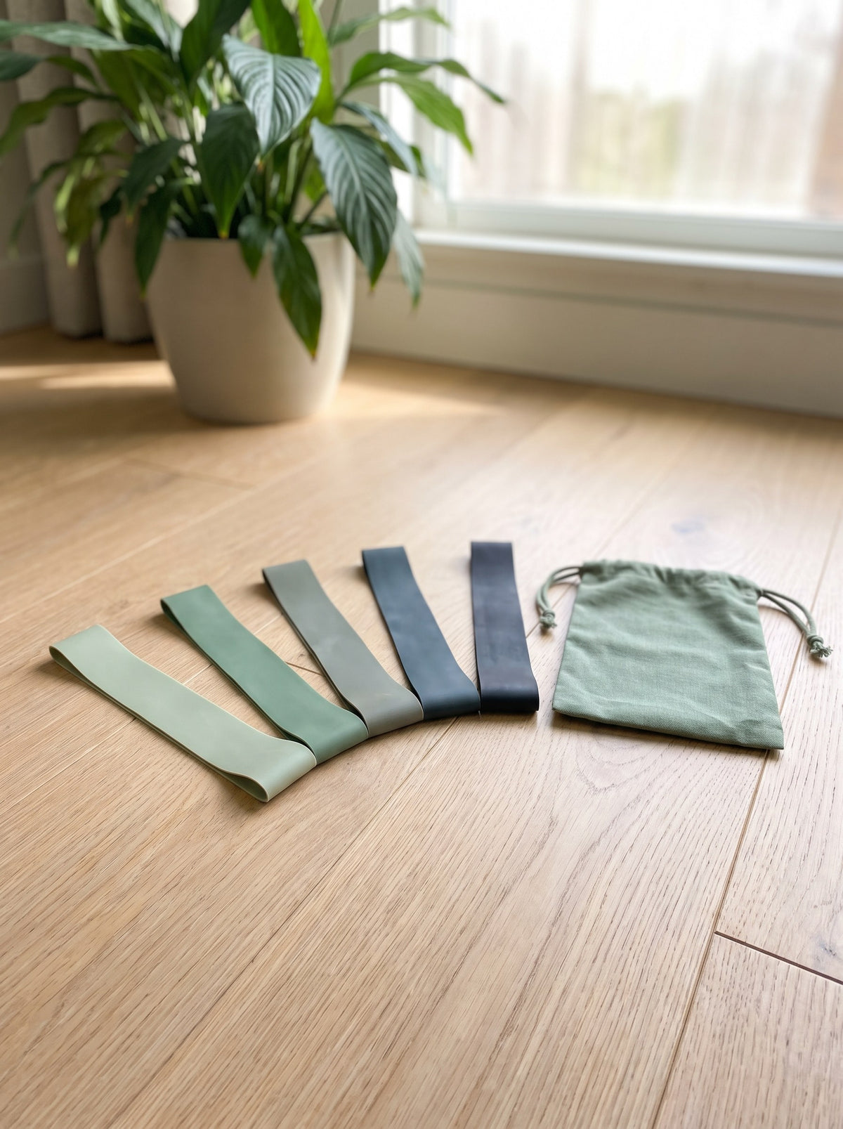 Five mini loop resistance bands fanned out on an oak floor with a sage pouch