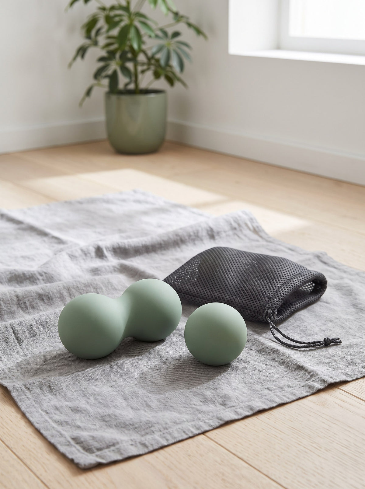Sage peanut massage ball and single massage ball on a linen towel with a mesh bag
