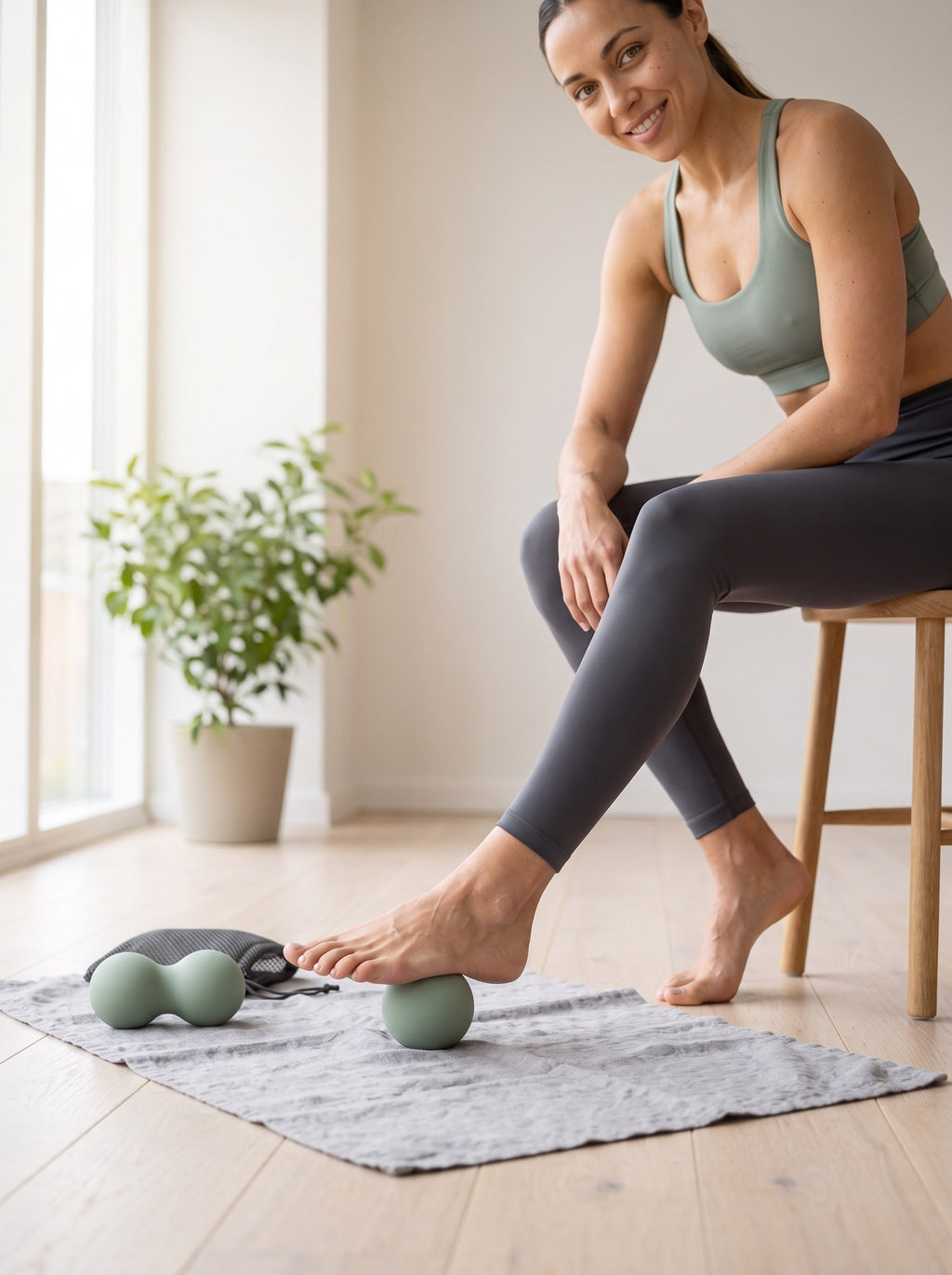 Single massage ball rolled under the foot while seated