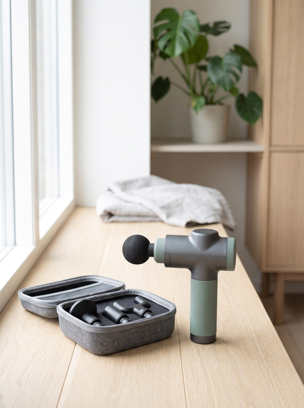 Pulse Mini Massage Gun with its zip case and spare heads on an oak floor