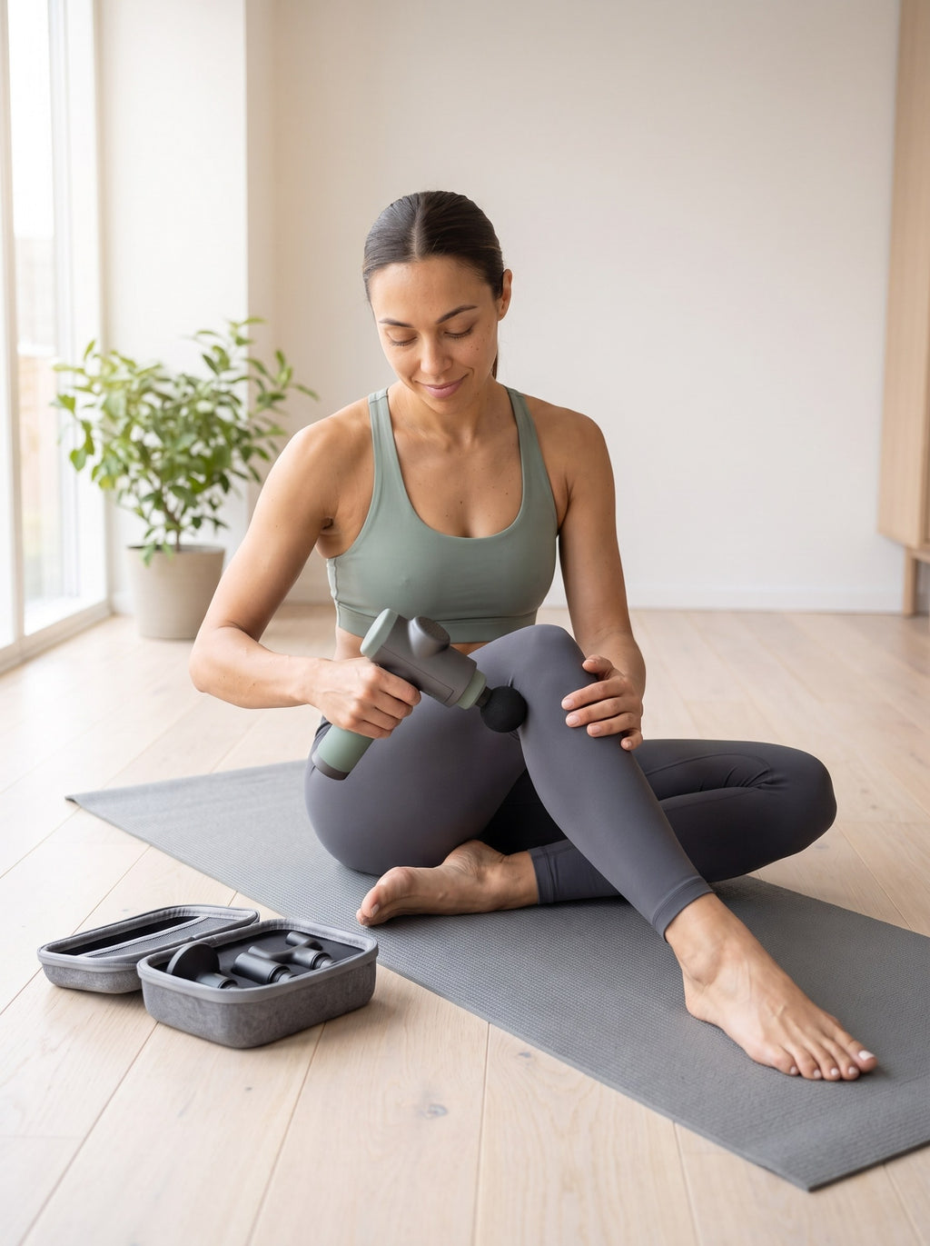 Pulse Mini Massage Gun used on the thigh after a home workout