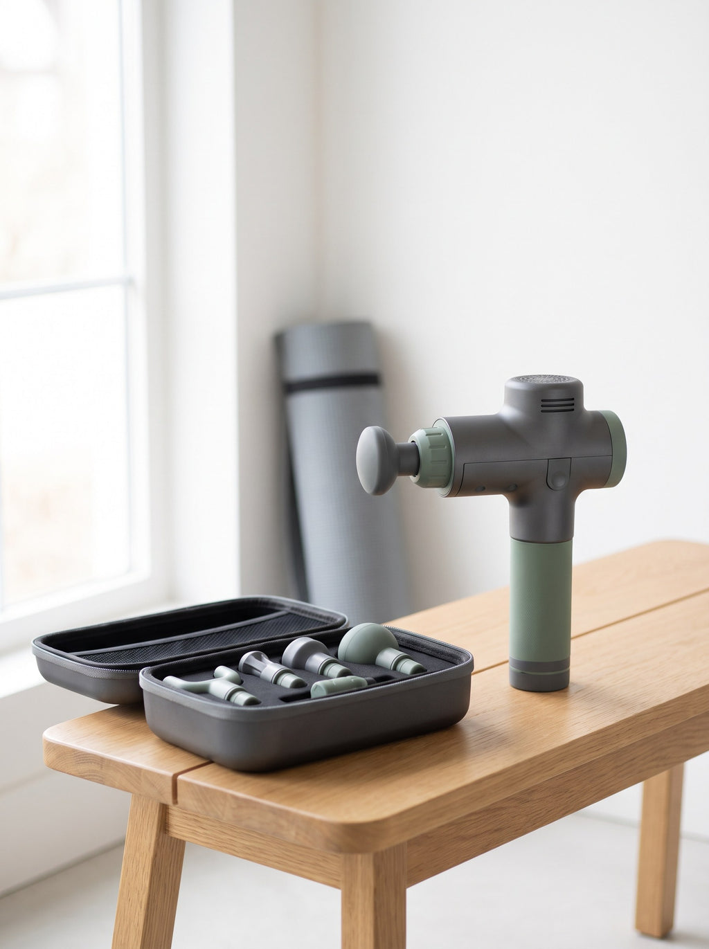Pulse Pro Massage Gun standing next to its open hard case on a wooden bench
